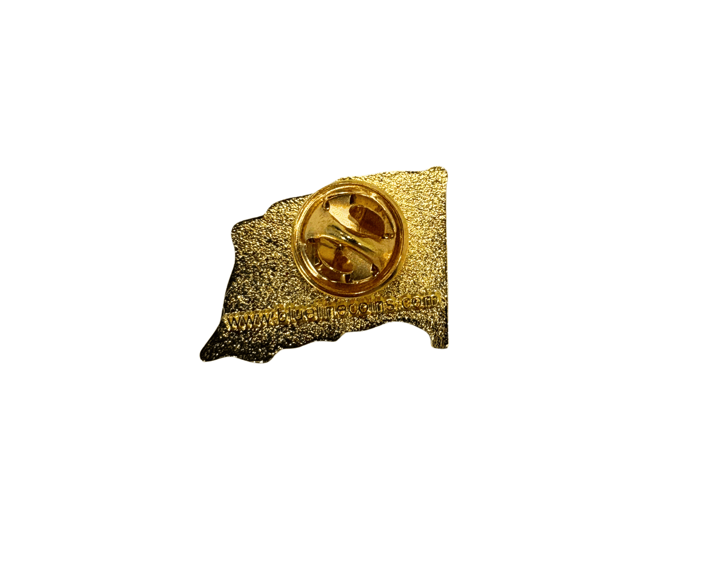 Front and back view of American flag lapel pin with red white and blue enamel, gold-tone finish, and butterfly clutch backing