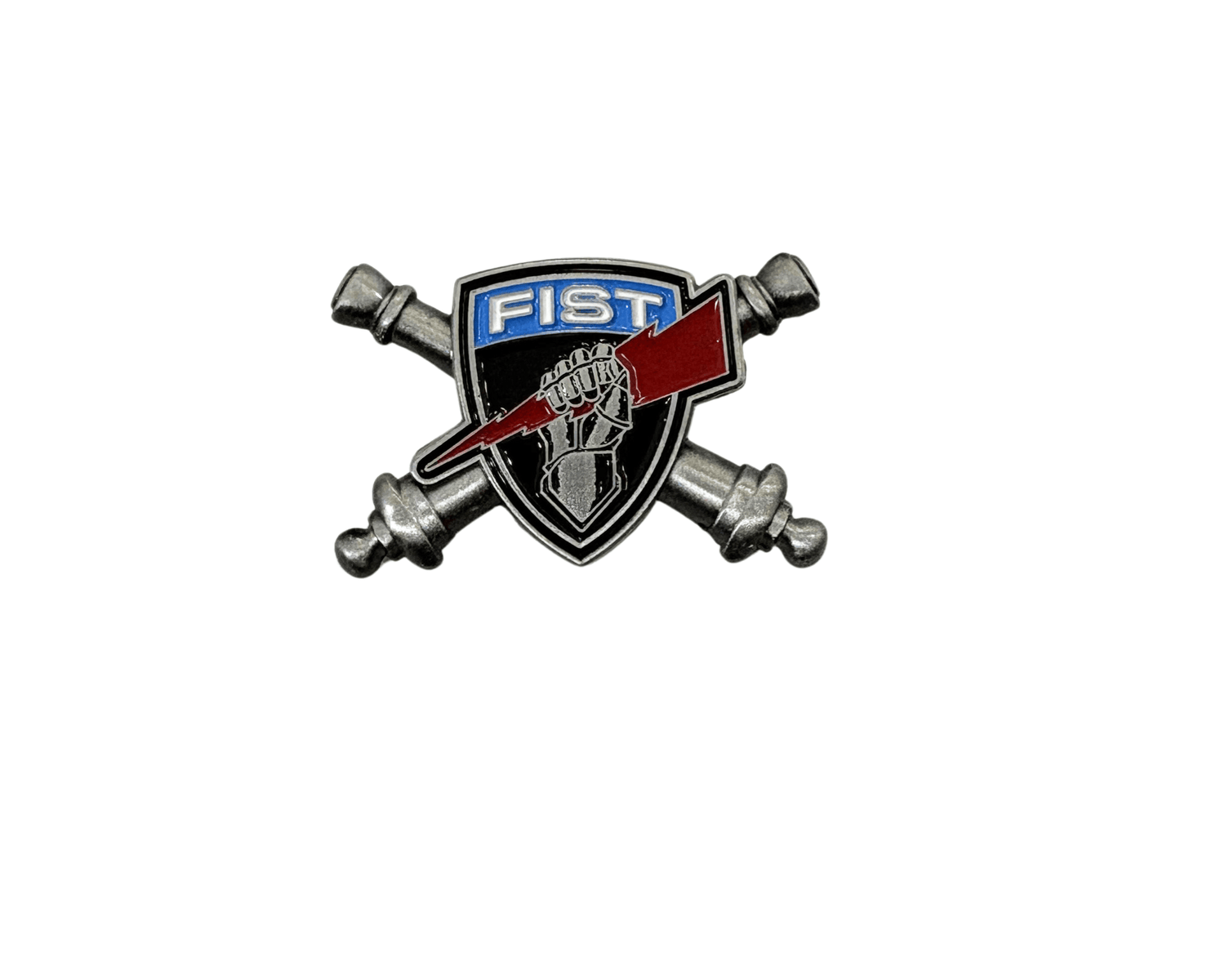 13F FiSTer cross cannons lapel pin with shield, fist, and red lightning bolt design
