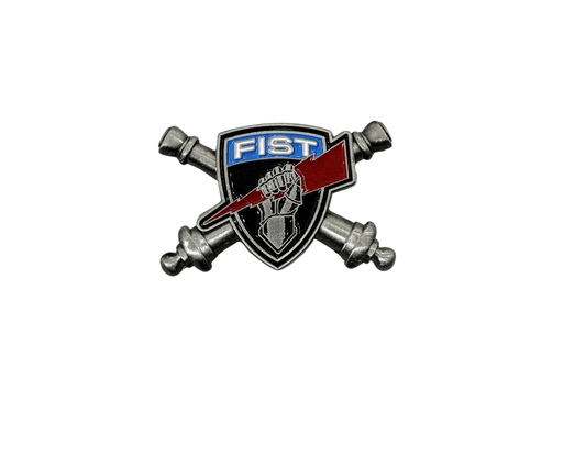 13F FiSTer cross cannons lapel pin with shield, fist, and red lightning bolt design